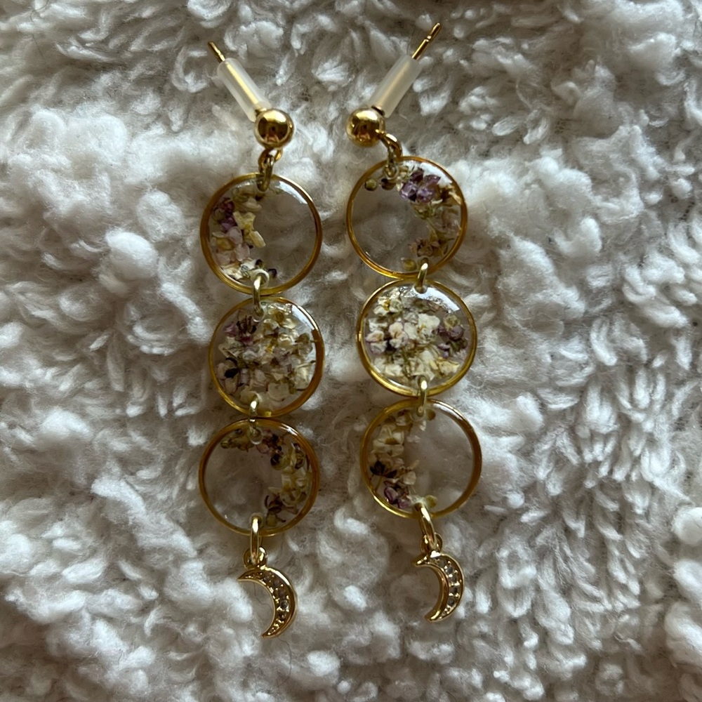Handmade Gold Drop Earrings with Real Dried Flowers